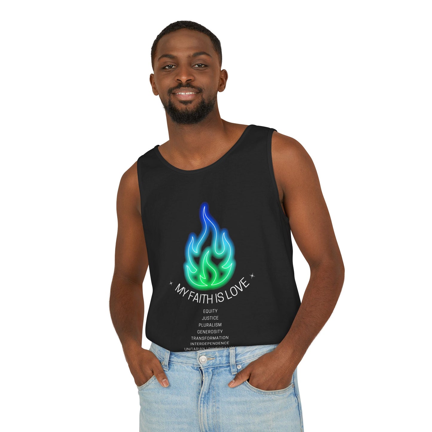 My Faith is Love - Green and Blue Version - Unisex Garment-Dyed Tank Top