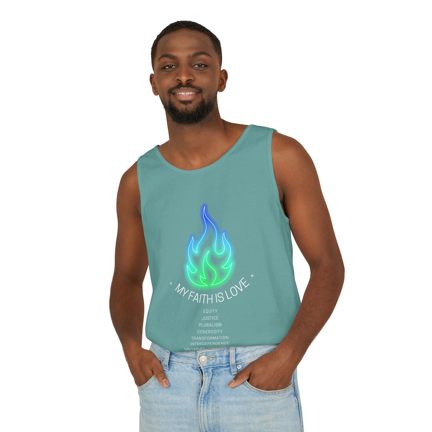 My Faith is Love - Green and Blue Version - Unisex Garment-Dyed Tank Top