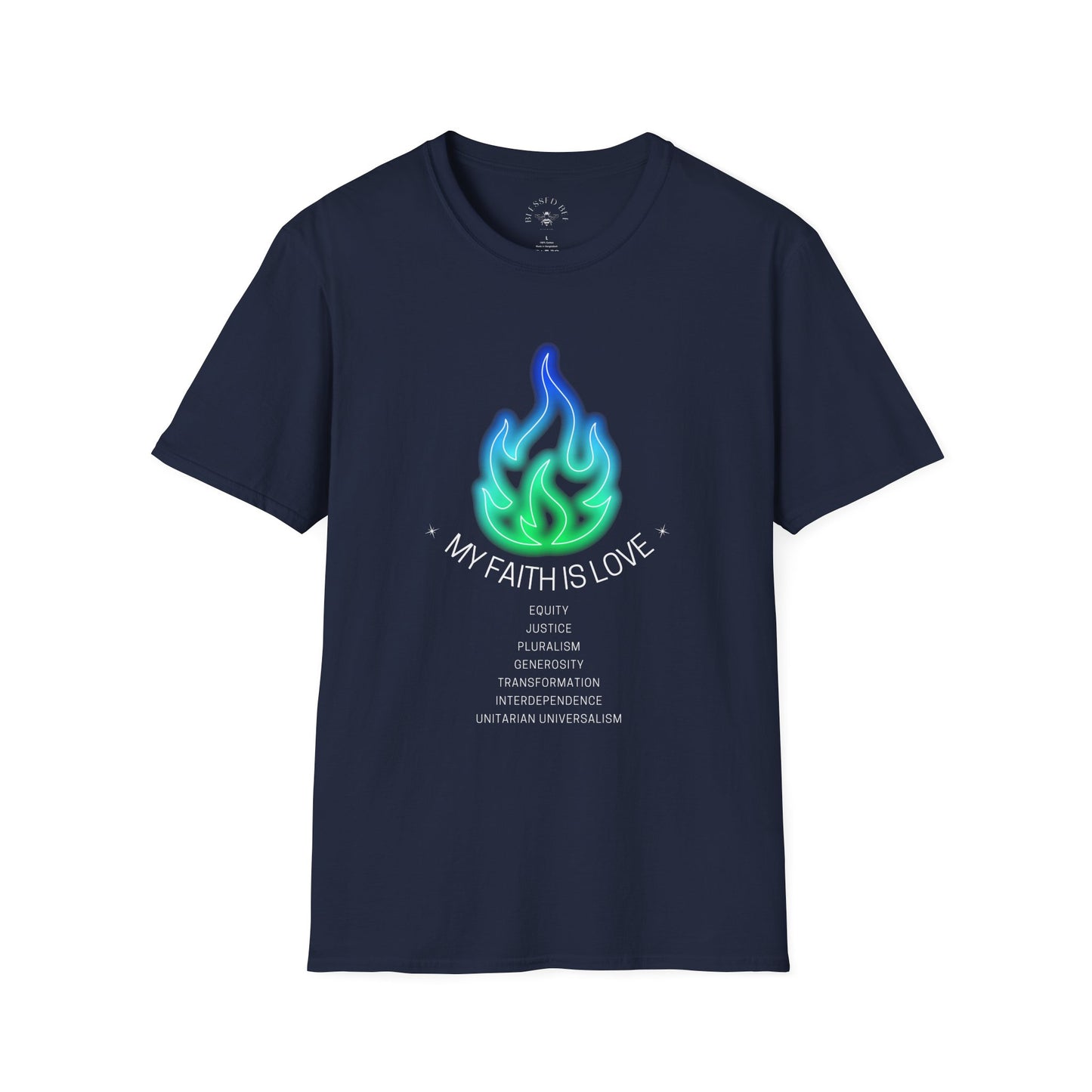 My Faith is Love UU Values T-Shirt - Green and Blue Version - Adult - Front Only