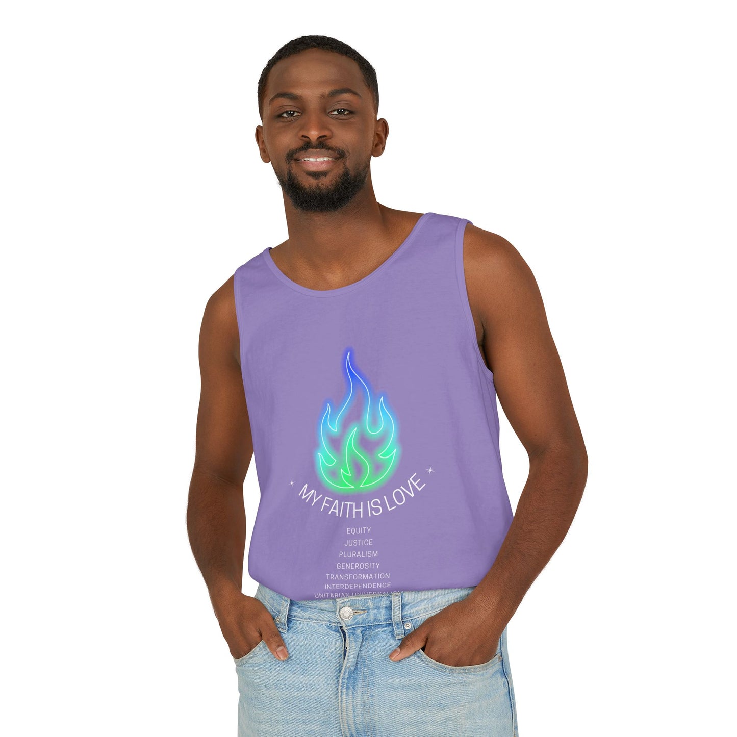 My Faith is Love - Green and Blue Version - Unisex Garment-Dyed Tank Top