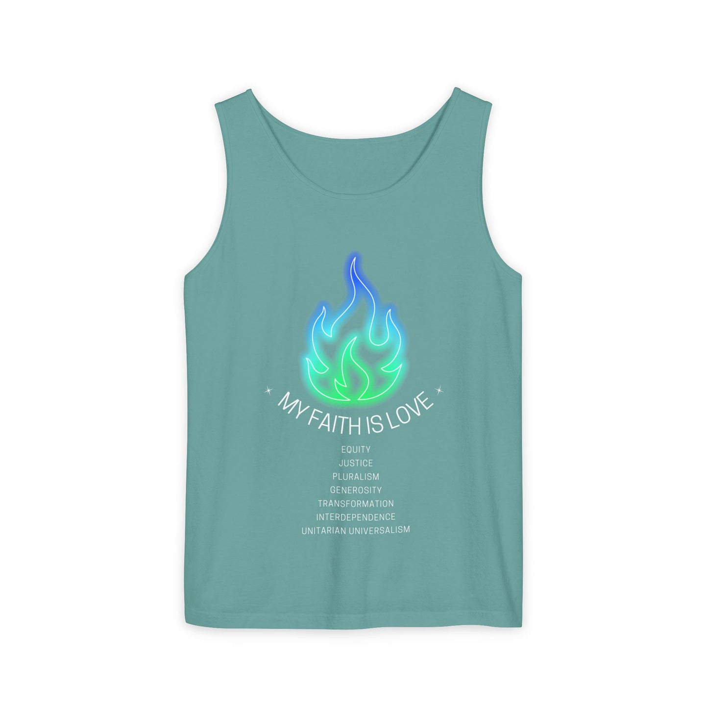 My Faith is Love - Green and Blue Version - Unisex Garment-Dyed Tank Top