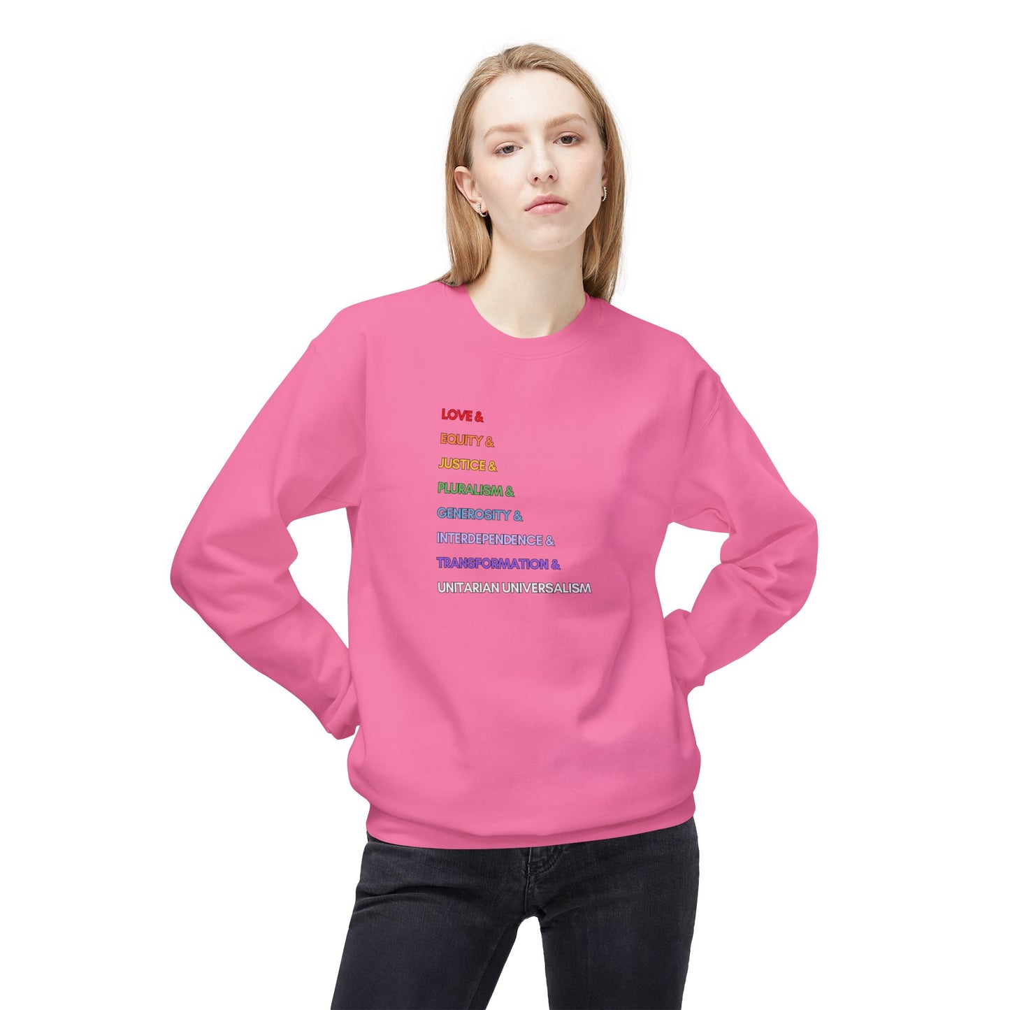 Rainbow UU Values Sweatshirt - Adult - Unisex Midweight Softstyle Fleece Crewneck Sweatshirt