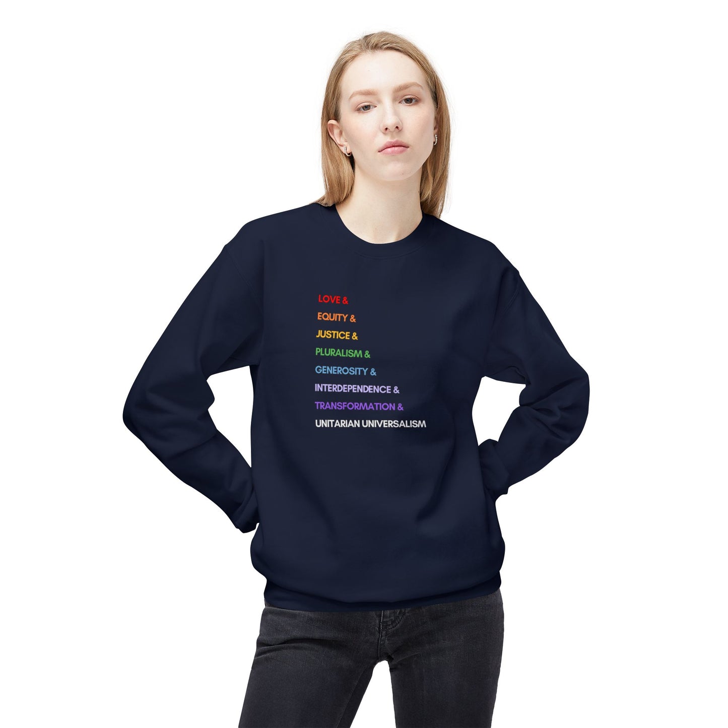 Rainbow UU Values Sweatshirt - Adult - Unisex Midweight Softstyle Fleece Crewneck Sweatshirt