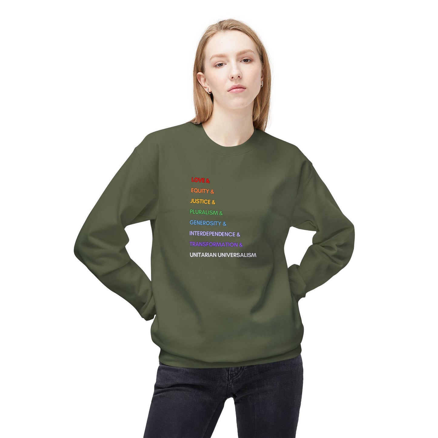 Rainbow UU Values Sweatshirt - Adult - Unisex Midweight Softstyle Fleece Crewneck Sweatshirt