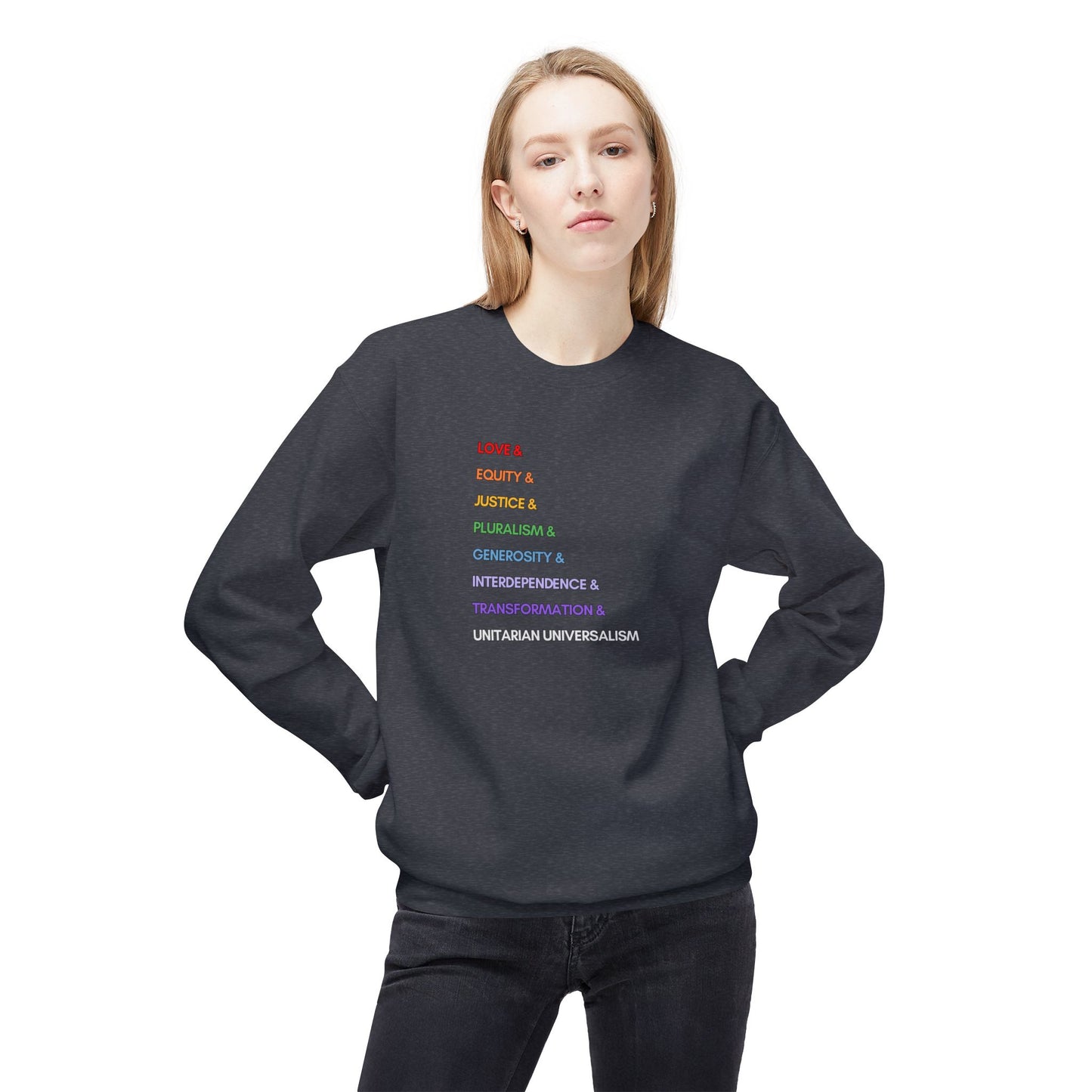 Rainbow UU Values Sweatshirt - Adult - Unisex Midweight Softstyle Fleece Crewneck Sweatshirt